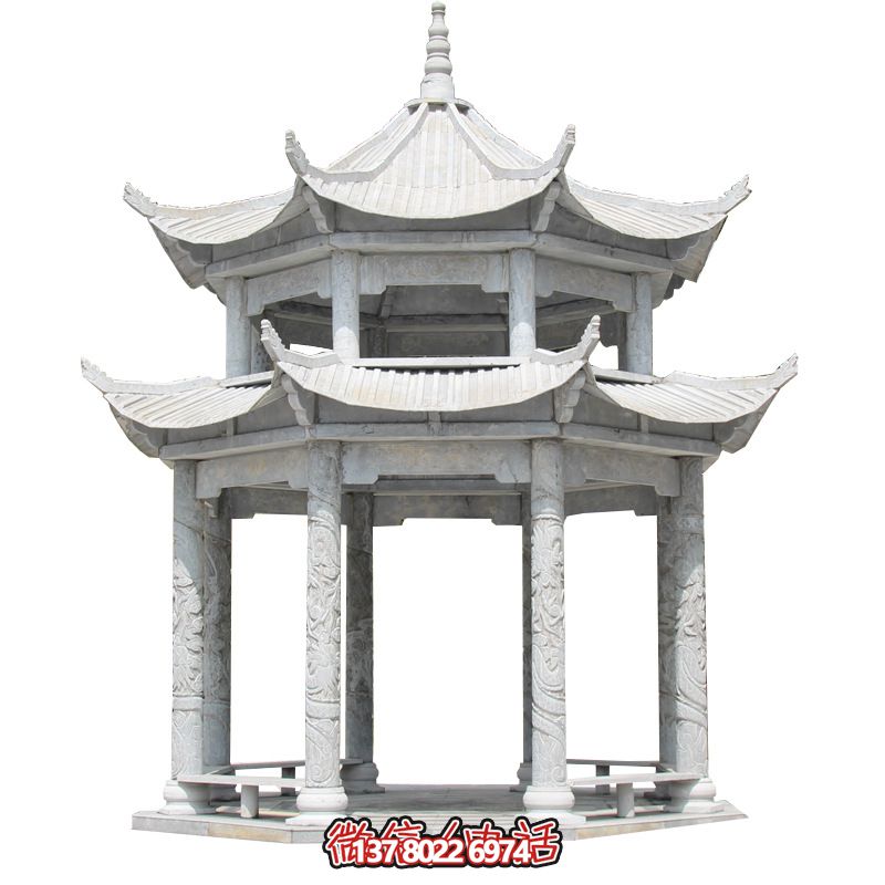 精美大理石雙層柱涼亭，雕塑點(diǎn)綴休息亭