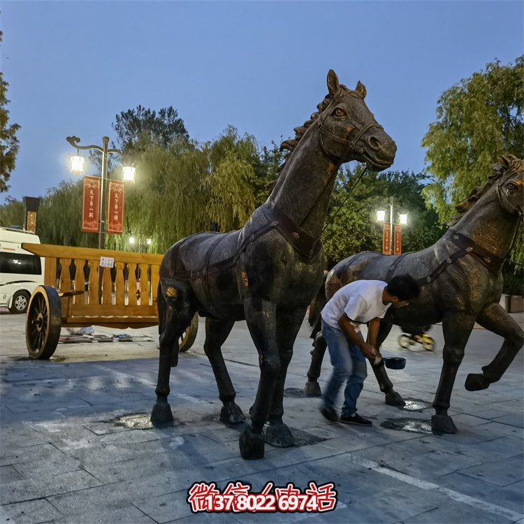 仿古銅中式馬拉車玻璃鋼景觀雕塑，非凡戶外擺放裝飾