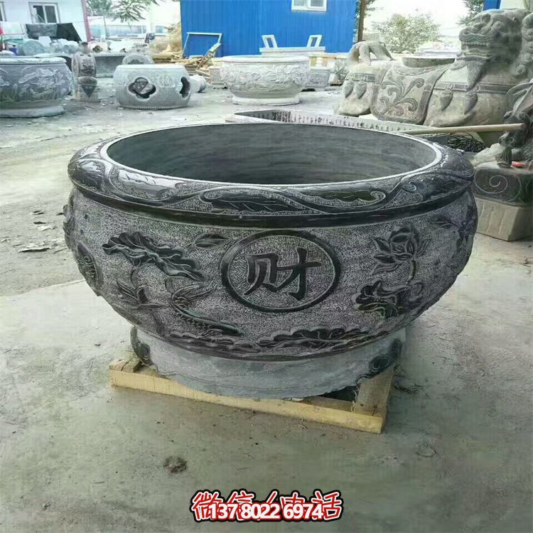 庭院大型青石石雕浮雕魚(yú)缸花盆雕塑