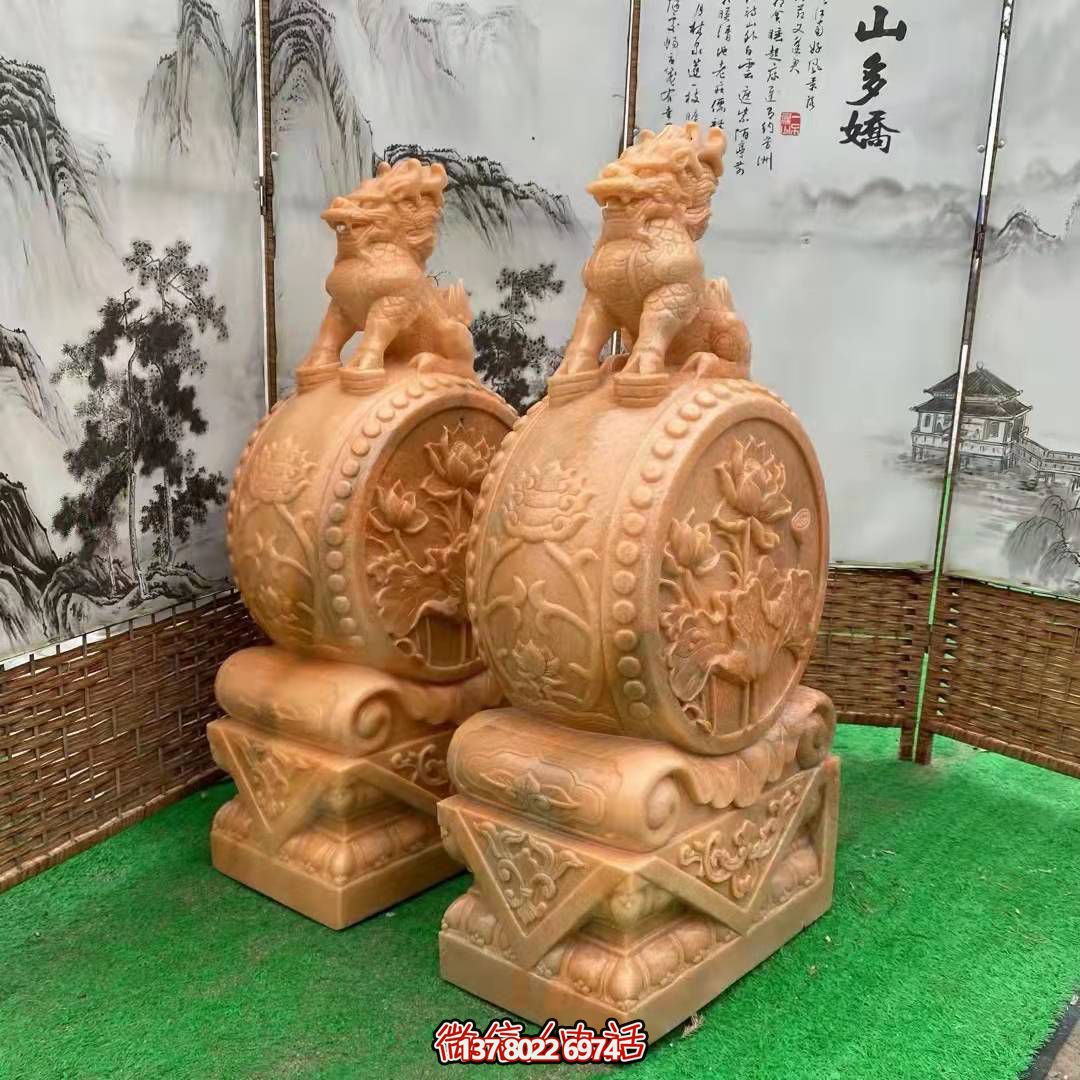 麒麟抱鼓石，晚霞紅荷花門墩