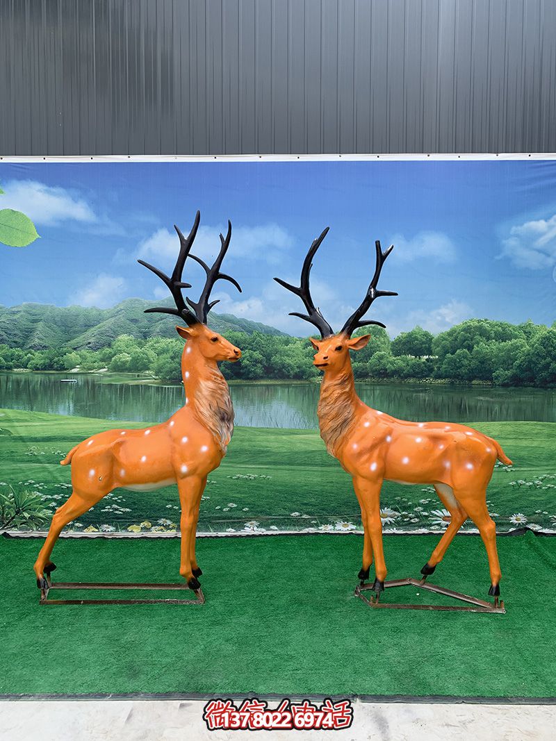 公園不銹鋼創意兩只玻璃鋼彩繪梅花鹿雕塑