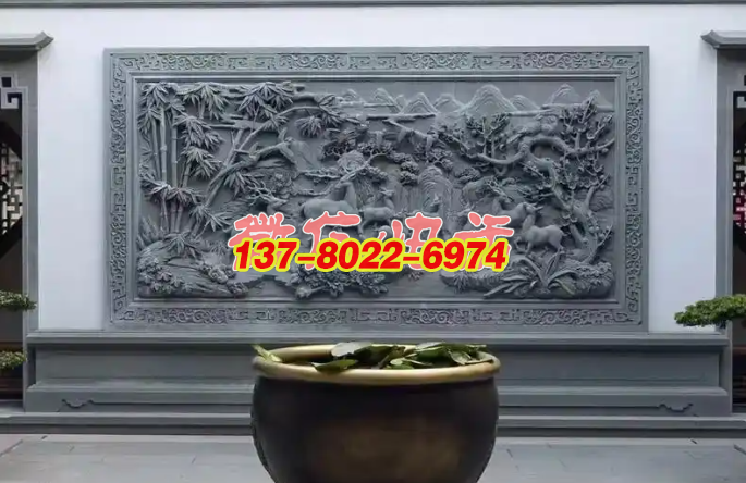 松竹福祿群鹿呈祥山水浮雕影壁